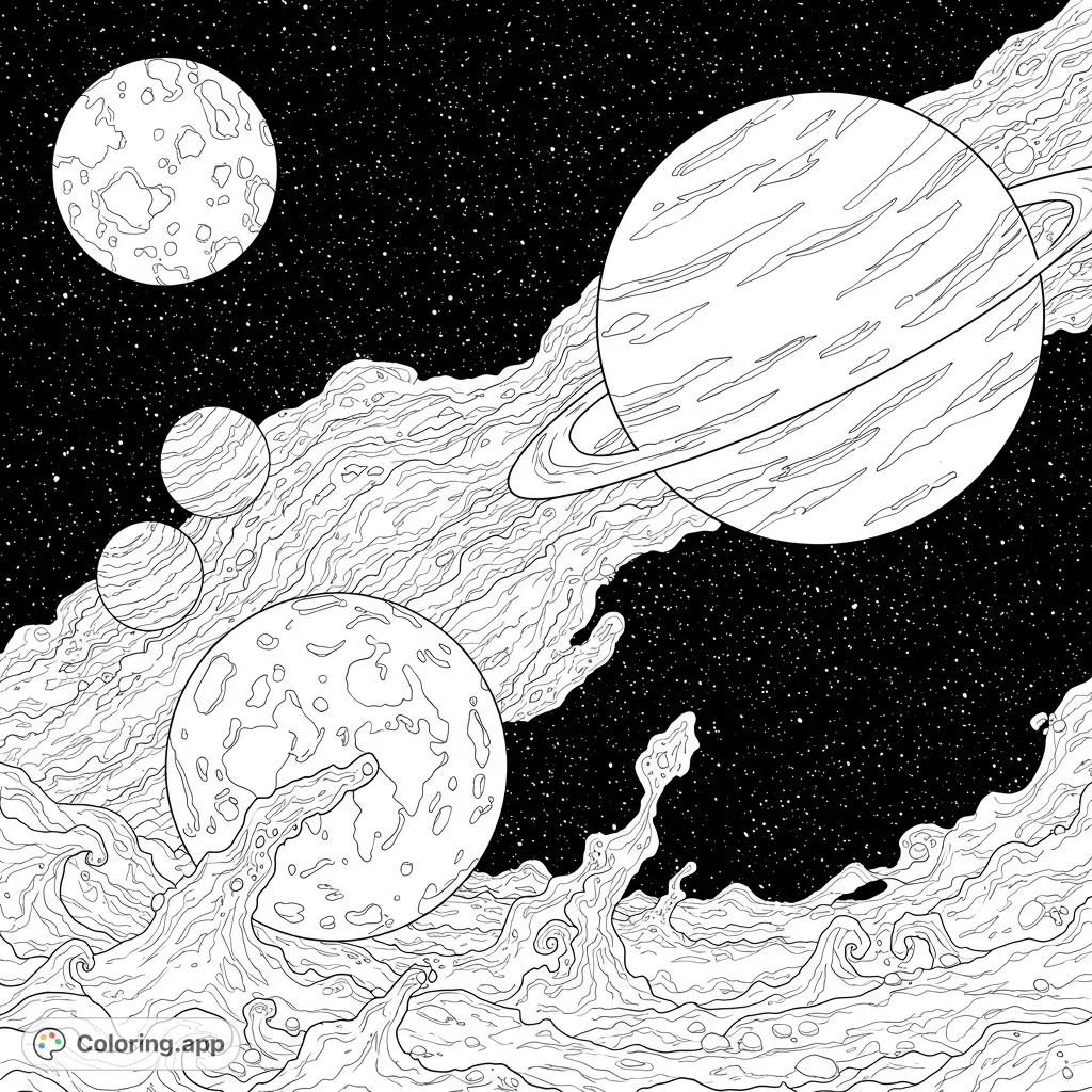 Explore a cosmic space coloring page featuring planets amidst swirling galactic waves and a starry sky. Free printable for all ages.