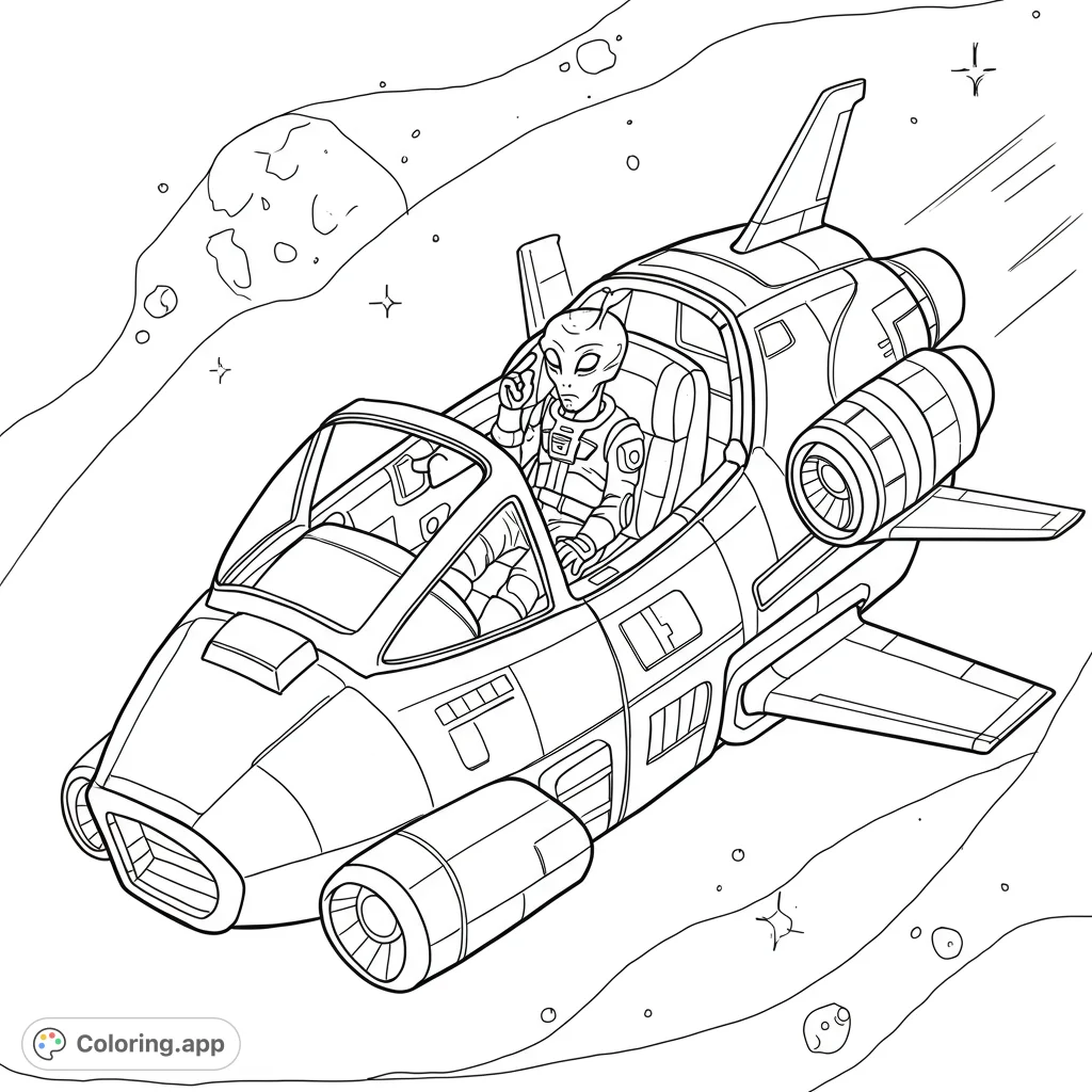Blast off with this alien pilot in a sleek spaceship! A fun, free printable space adventure coloring page for kids and adults.