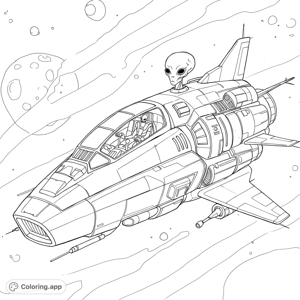 Explore the cosmos with this futuristic spaceship coloring page, featuring an alien pilot and a detailed vessel soaring past planets and nebulae. Free printable.