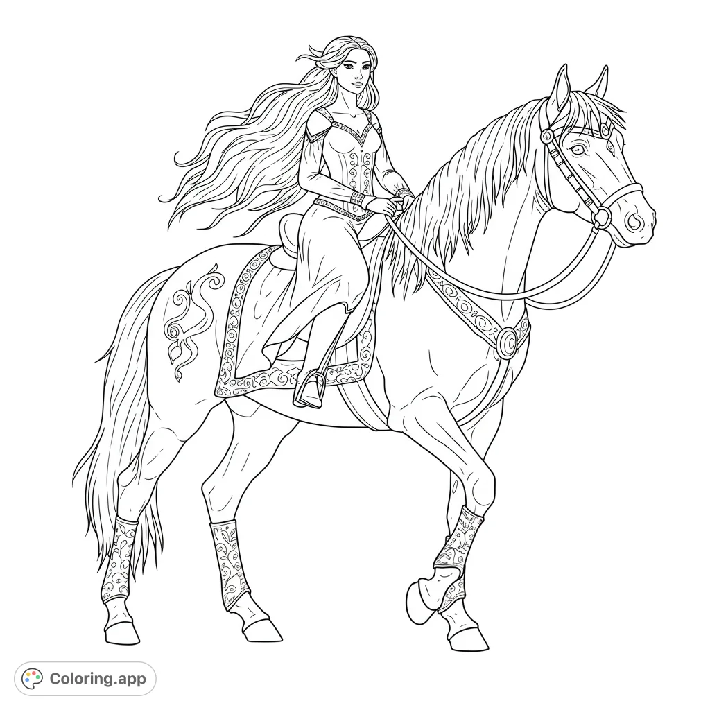 Elegant woman with flowing hair riding a majestic horse adorned with intricate patterns. A beautiful fantasy scene ready for your creative colors.