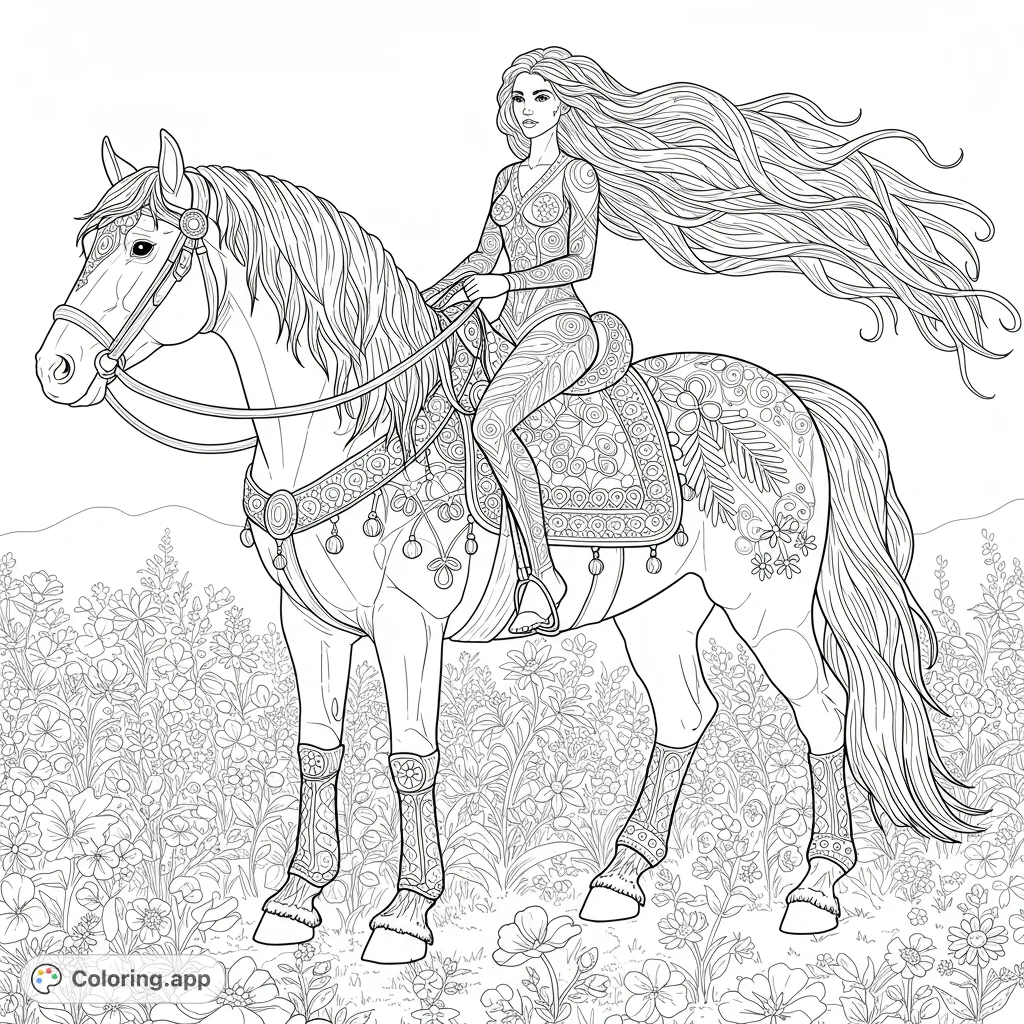 An enchanting woman with flowing hair rides an ornate horse through a field of wildflowers. Intricate patterns offer a captivating coloring experience.