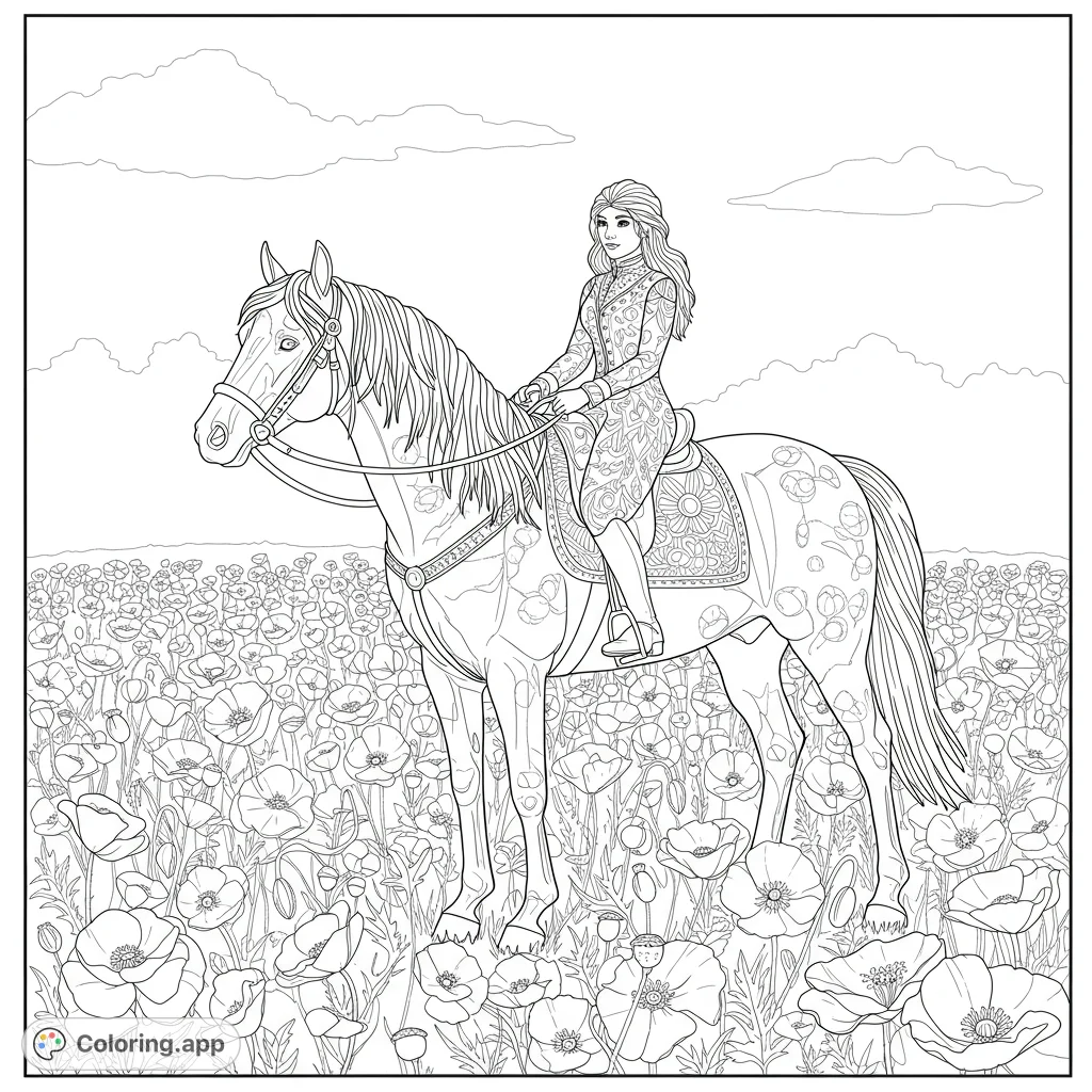 A majestic horse and elegant rider stand amidst a vibrant field of detailed poppies, offering a beautiful nature and equestrian coloring page.