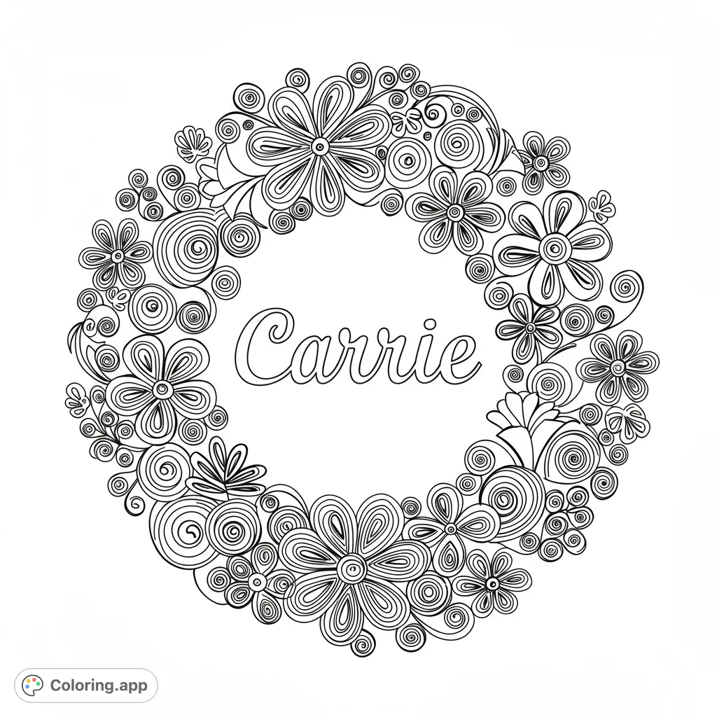 A beautiful floral wreath coloring page featuring intricate flowers and swirling patterns, perfect for personalized creativity and relaxation.