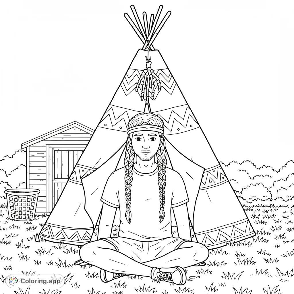 A serene Native American-inspired coloring page featuring a person meditating in front of a detailed teepee, surrounded by nature. Perfect for relaxation.