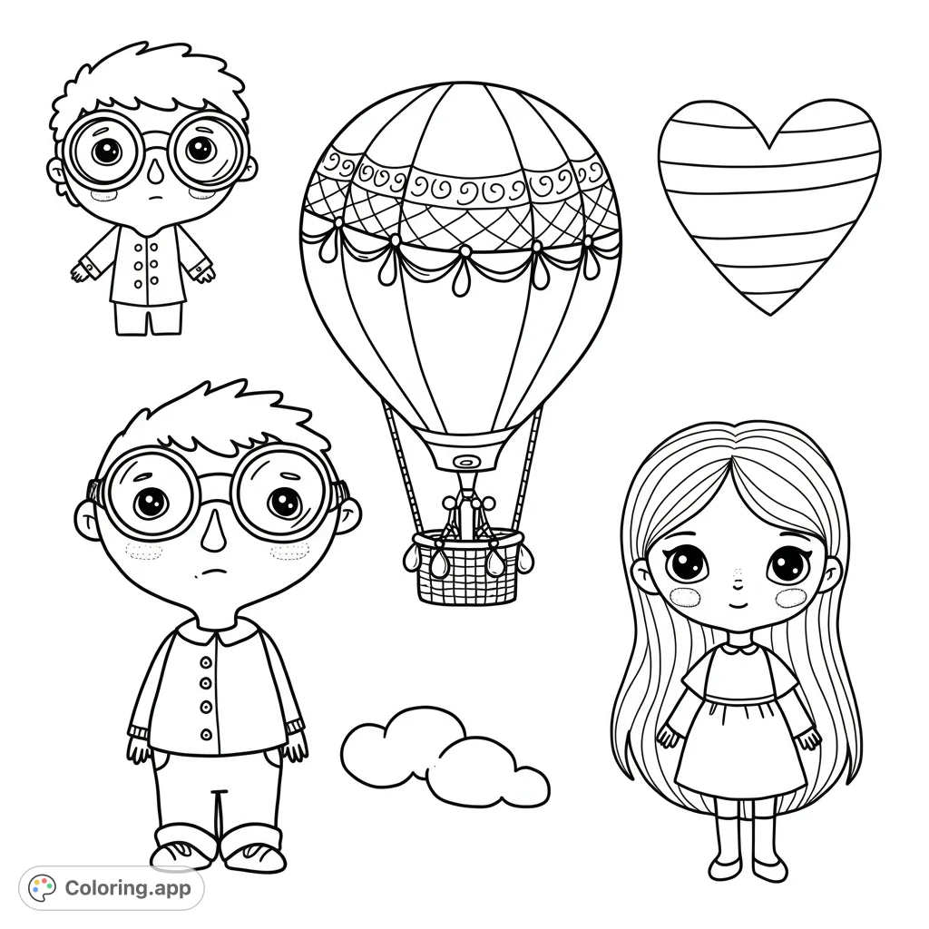 A delightful free printable coloring page featuring a cute boy, girl, and a detailed hot air balloon, perfect for imaginative fun.