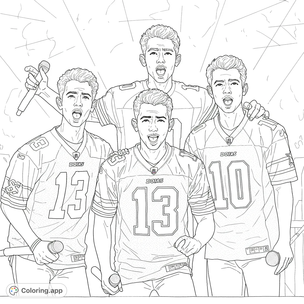Dynamic pop group coloring page featuring four energetic performers in sports jerseys with microphones. Free printable for music fans.