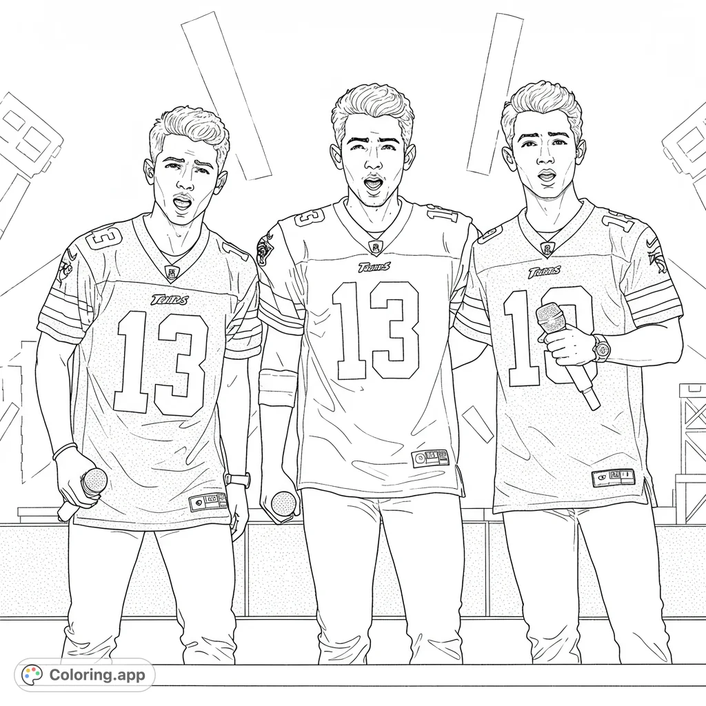 Dynamic pop trio in football jerseys on stage, ready for fans to color. A vibrant concert scene for music lovers and aspiring artists.