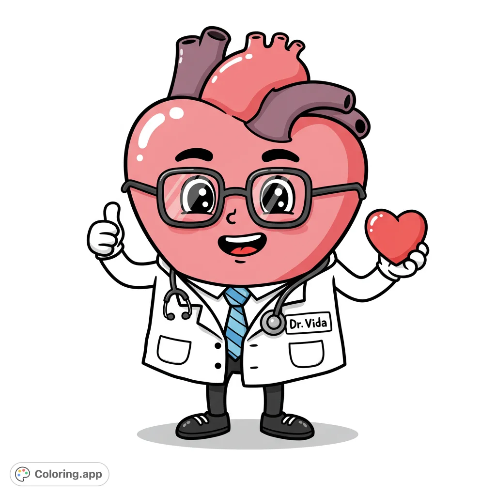 A cheerful cartoon heart doctor character, complete with lab coat and stethoscope, giving a thumbs-up and holding a small heart. Perfect for health-themed coloring!