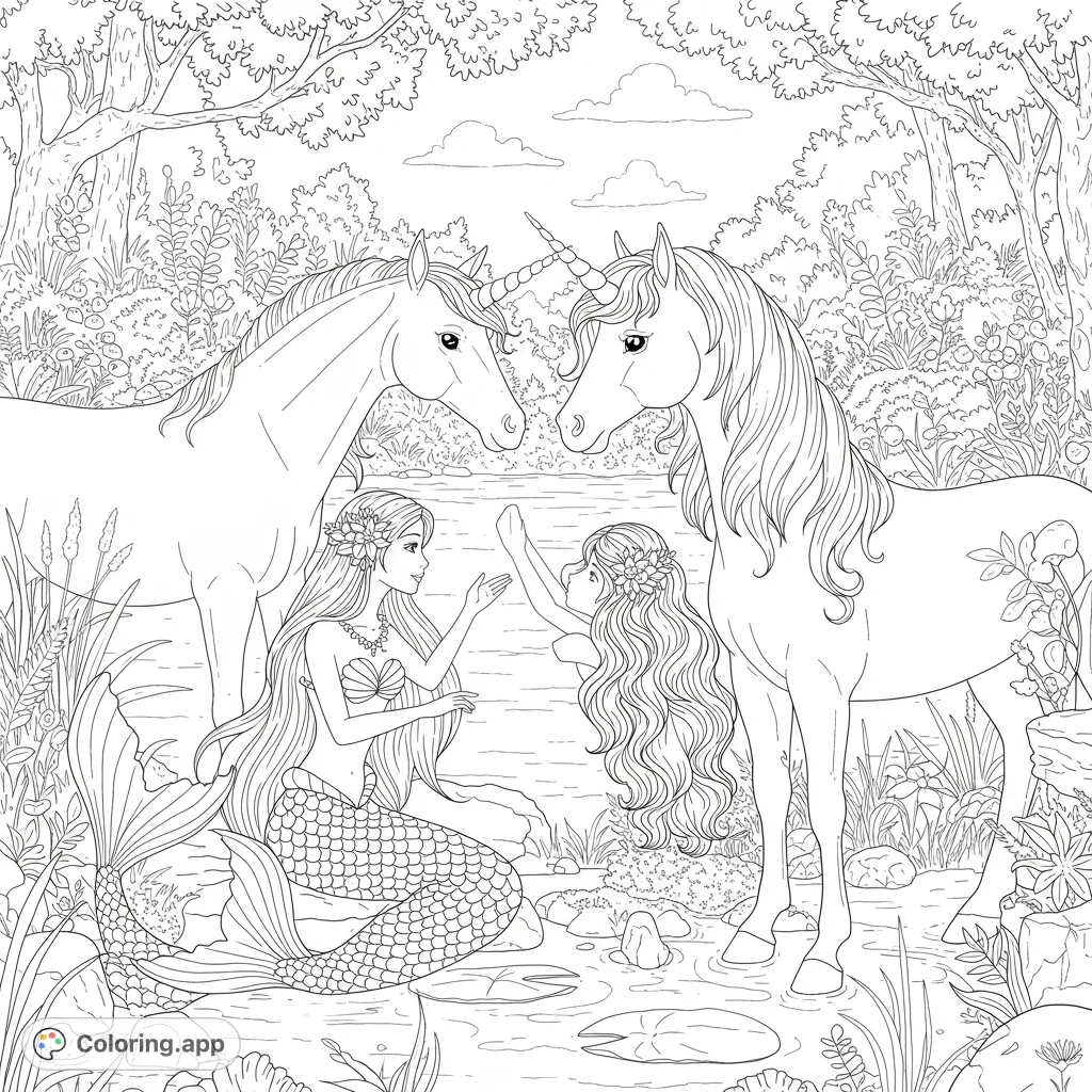 A magical fantasy coloring page featuring a mermaid and a girl with two majestic unicorns by a serene pond in a lush forest setting.