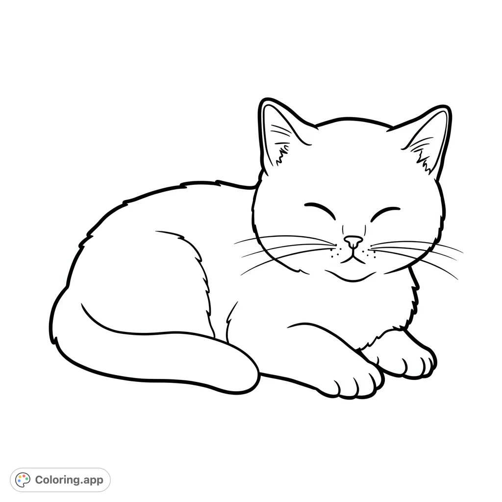 A sweet, fluffy cat rests peacefully with closed eyes, perfect for a relaxing coloring experience. A free printable cat coloring page for all ages.