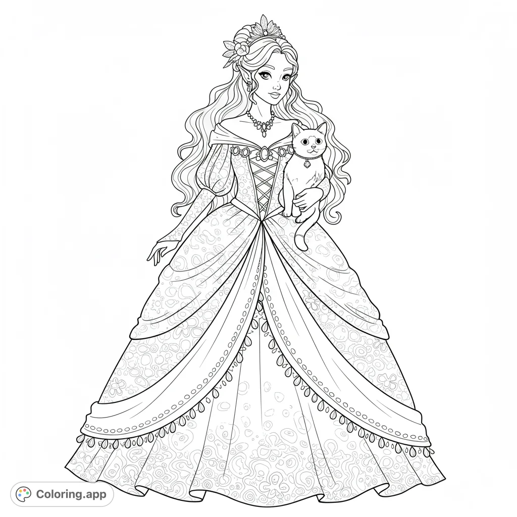 A beautiful princess with long, flowing hair holds her beloved cat, adorned in an elaborate, patterned gown. A magical fantasy scene for coloring.