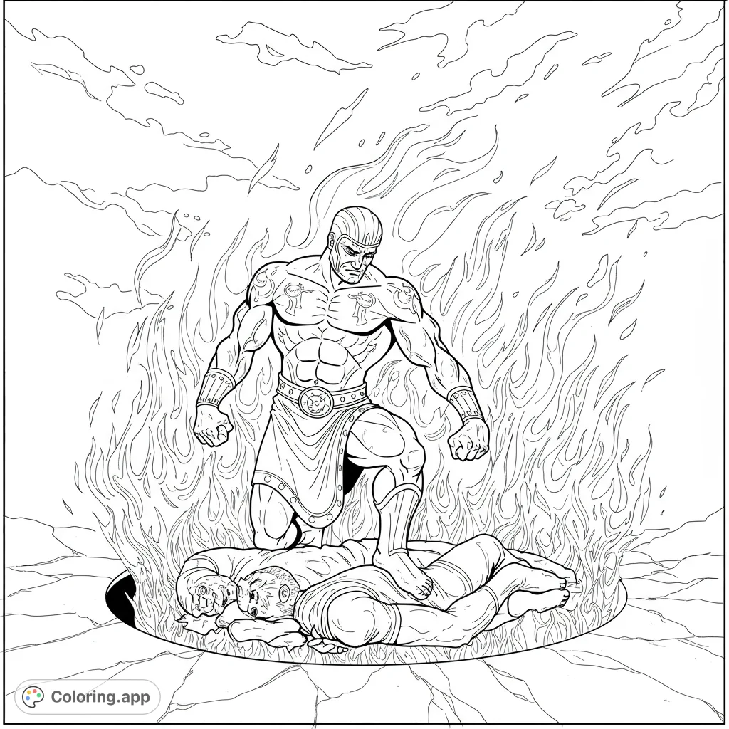 Powerful warrior stands victorious over a defeated foe amidst roaring flames and cracked earth. A dynamic heroic fantasy scene.
