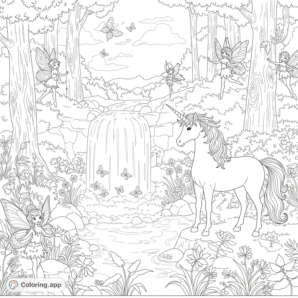Discover a magical forest with a graceful unicorn, playful fairies, and fluttering butterflies by a waterfall. A free printable fantasy coloring page for all ages.
