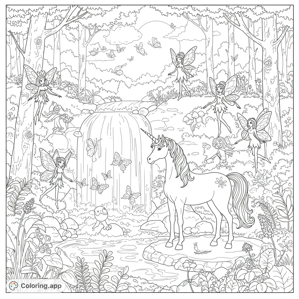Enter a magical forest with a majestic unicorn, graceful fairies, and fluttering butterflies by a waterfall. A whimsical fantasy scene for all ages.