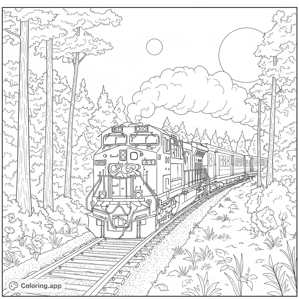 A detailed train travels through a dense forest on winding tracks, with smoke billowing and celestial bodies in the sky. Perfect for train enthusiasts.