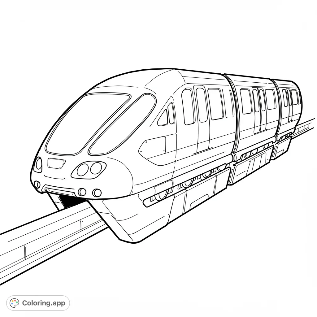 A sleek, futuristic monorail train glides along its elevated track, featuring clean lines and large windows, ready for a vibrant coloring adventure.