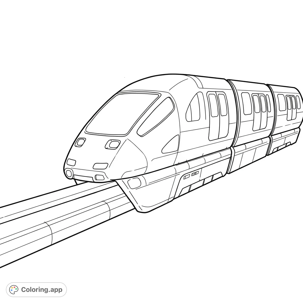 A sleek, modern monorail train glides along its elevated track, offering a futuristic transportation coloring experience for all ages.