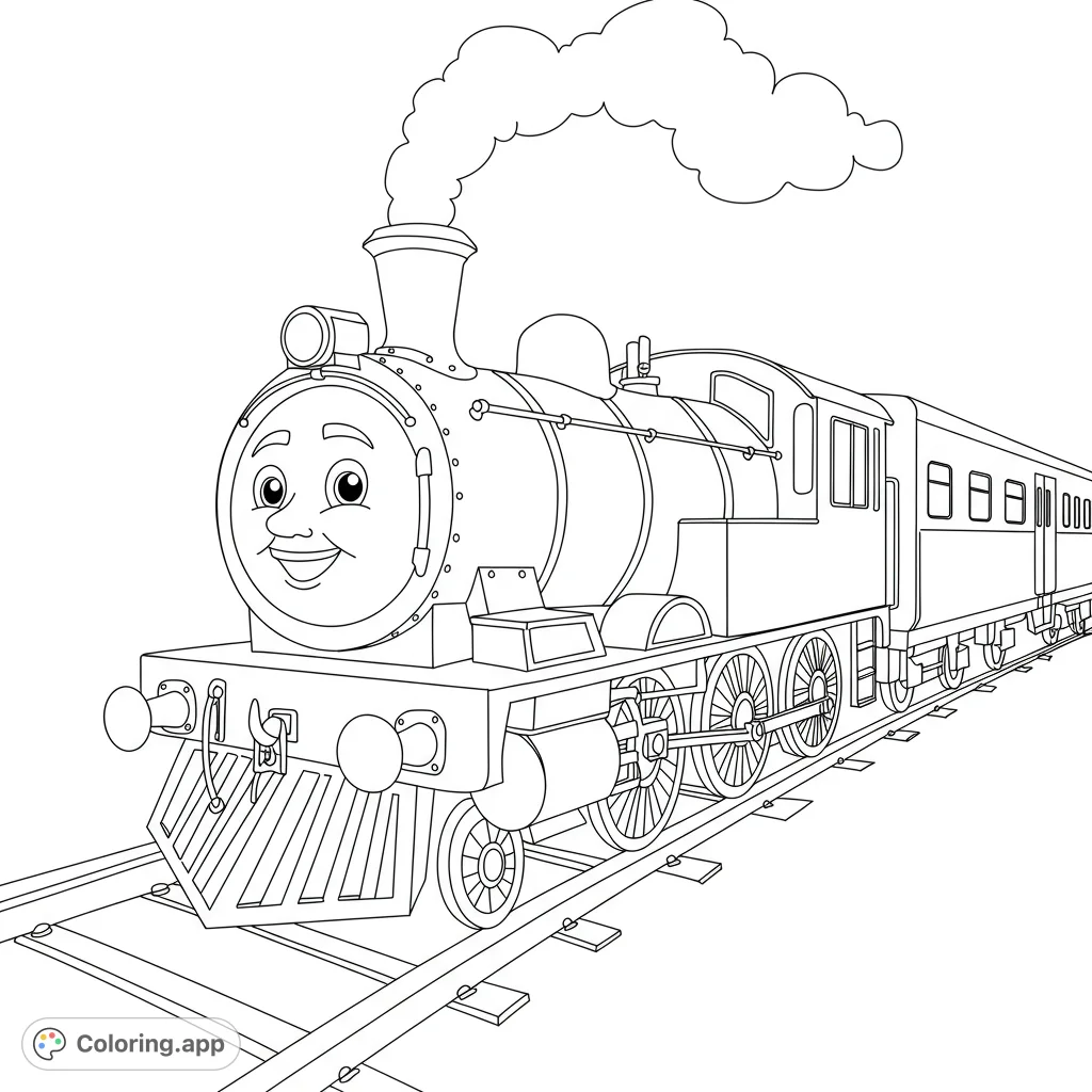A delightful steam train with a friendly face chugs along tracks, ready for a colorful journey. A free printable train coloring page for kids and adults.