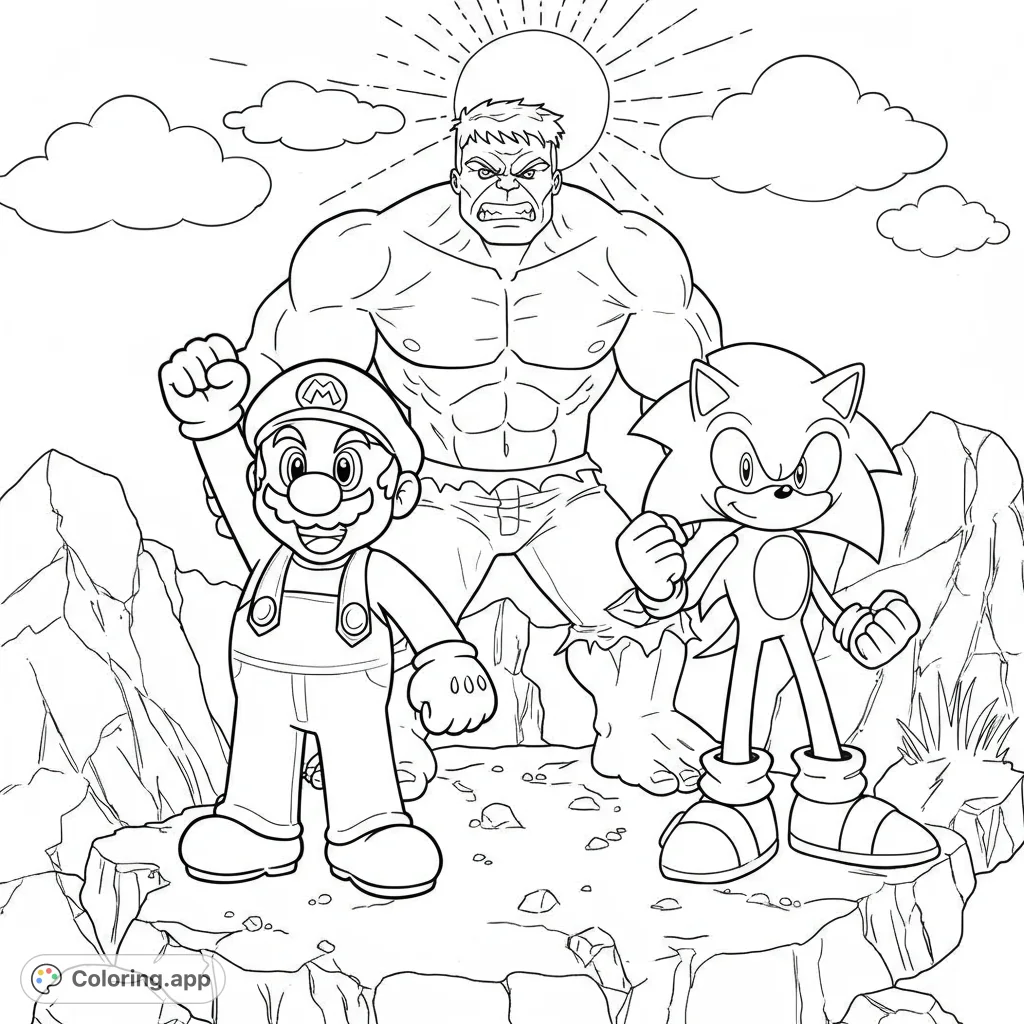 Iconic heroes Mario, Hulk, and Sonic stand united on a rocky terrain under a shining sun. A dynamic free printable coloring page for fans of all ages.