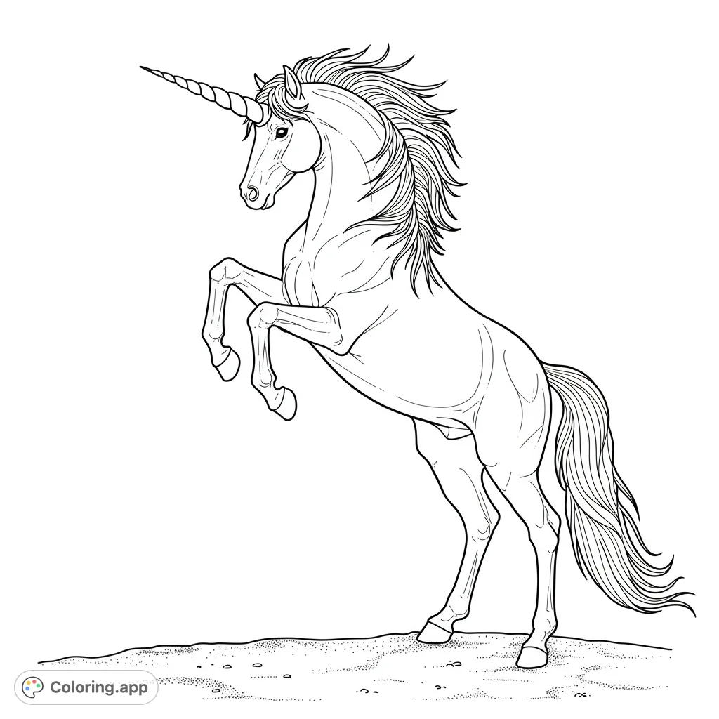 A majestic unicorn rears on its hind legs, showcasing its elegant form and flowing mane. A magical free printable unicorn coloring page for all ages.