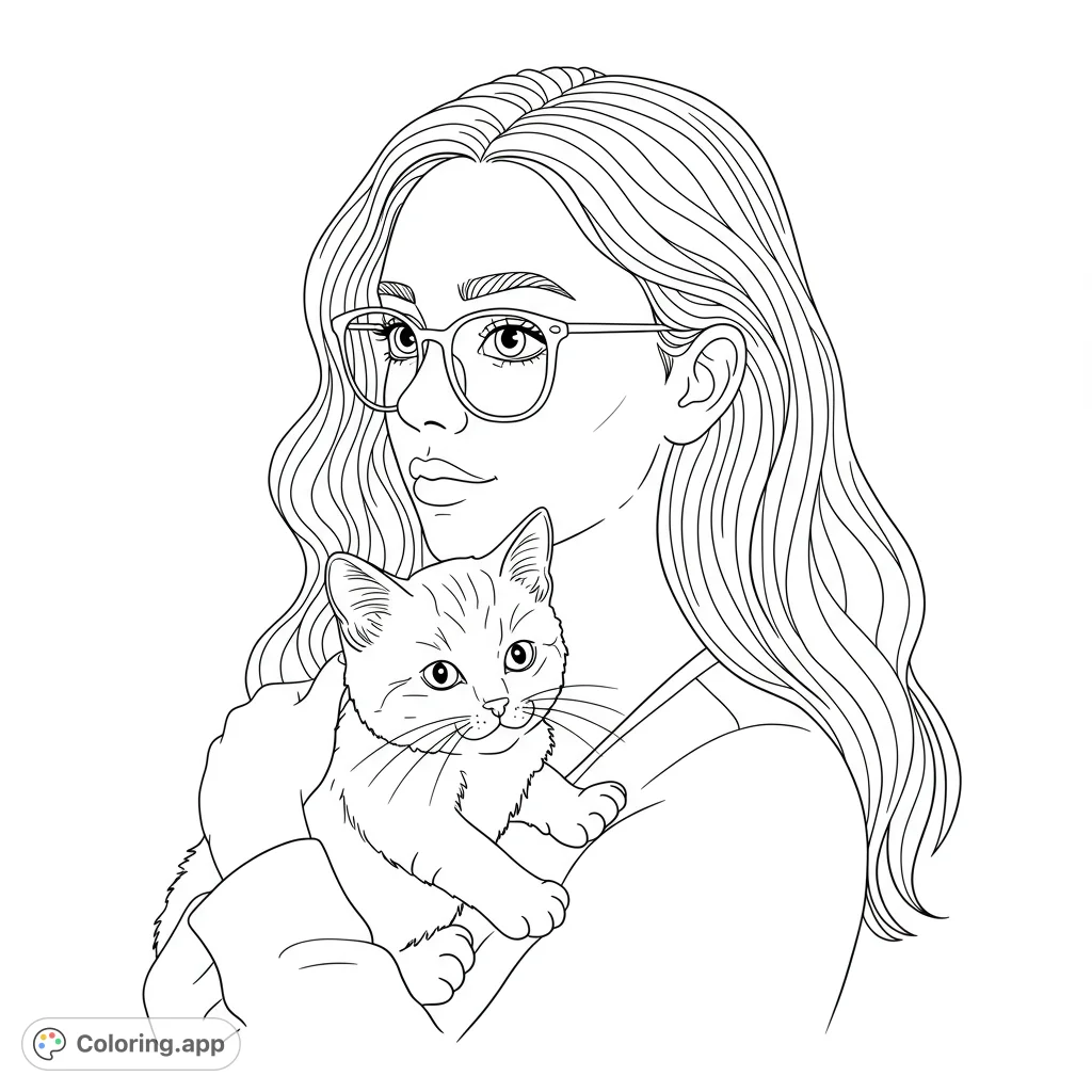 A charming girl with glasses gently holds a cute kitten, perfect for a relaxing coloring session. A delightful free printable coloring page.