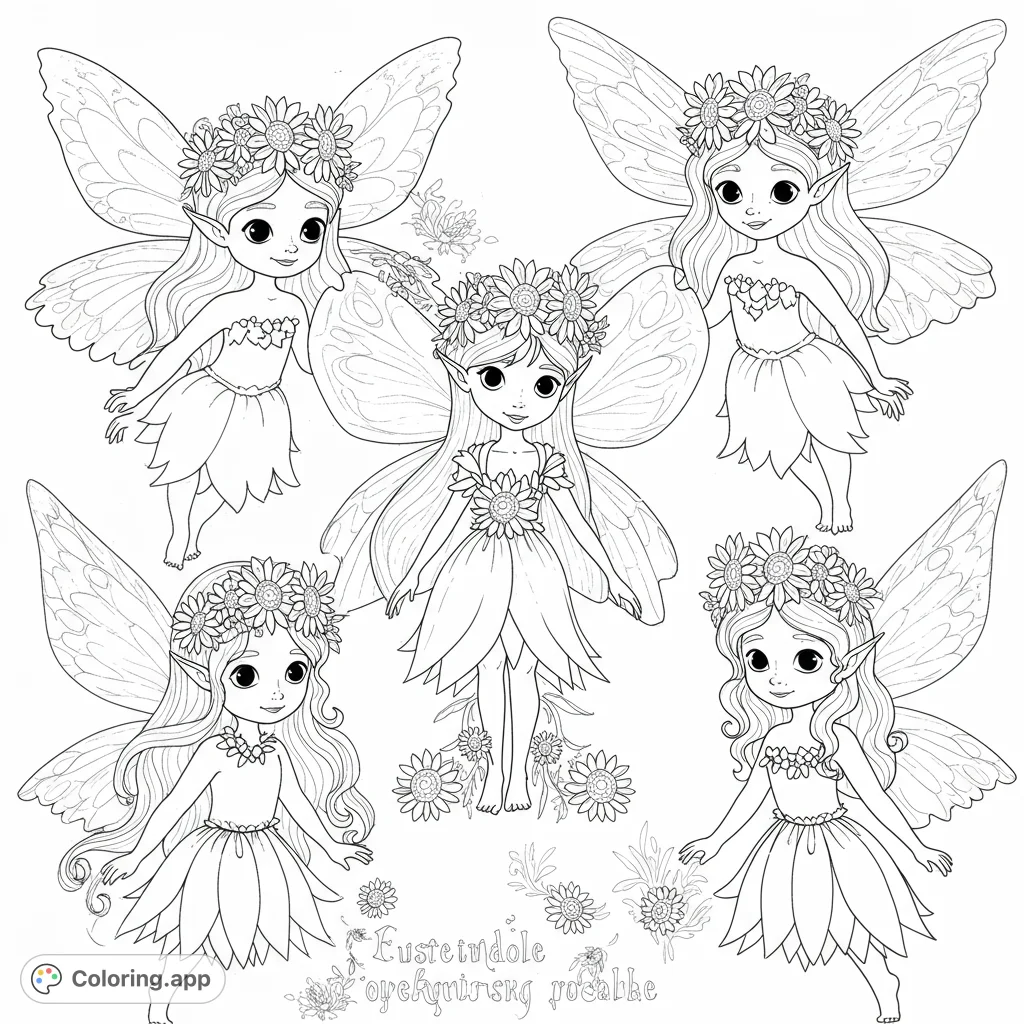 Five adorable flower fairies with delicate wings and daisy crowns, ready for a magical coloring adventure in an enchanted garden.