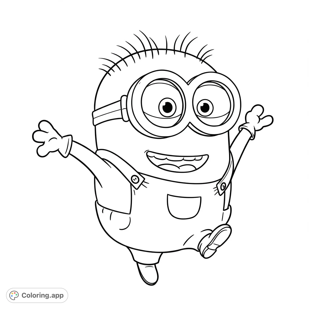 A joyful, goggled character with arms wide open, ready for fun. A free printable Minion-themed coloring page for kids and adults.