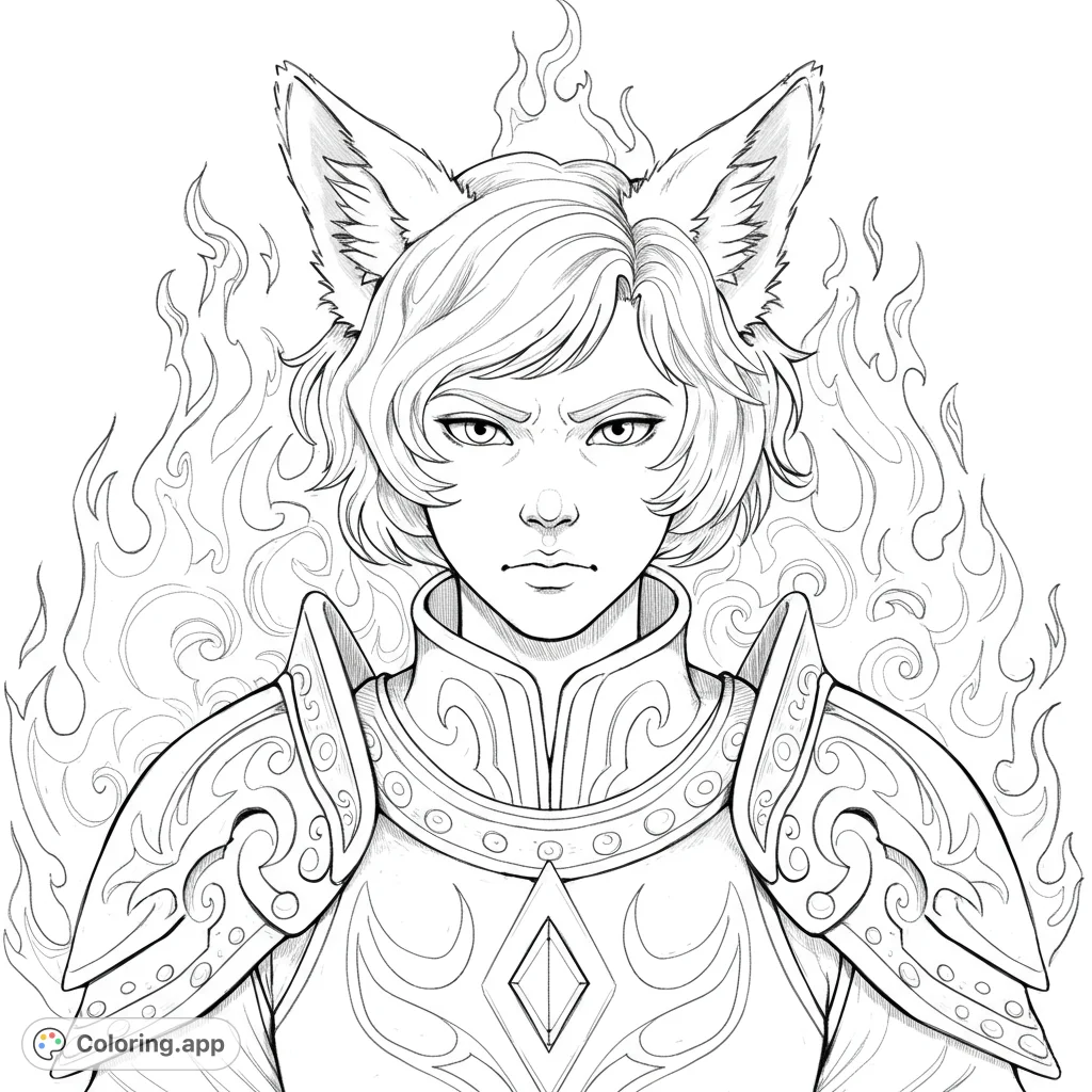 A fierce fox warrior in ornate armor, surrounded by dynamic flames. This fantasy coloring page offers intricate details for a captivating creative challenge.