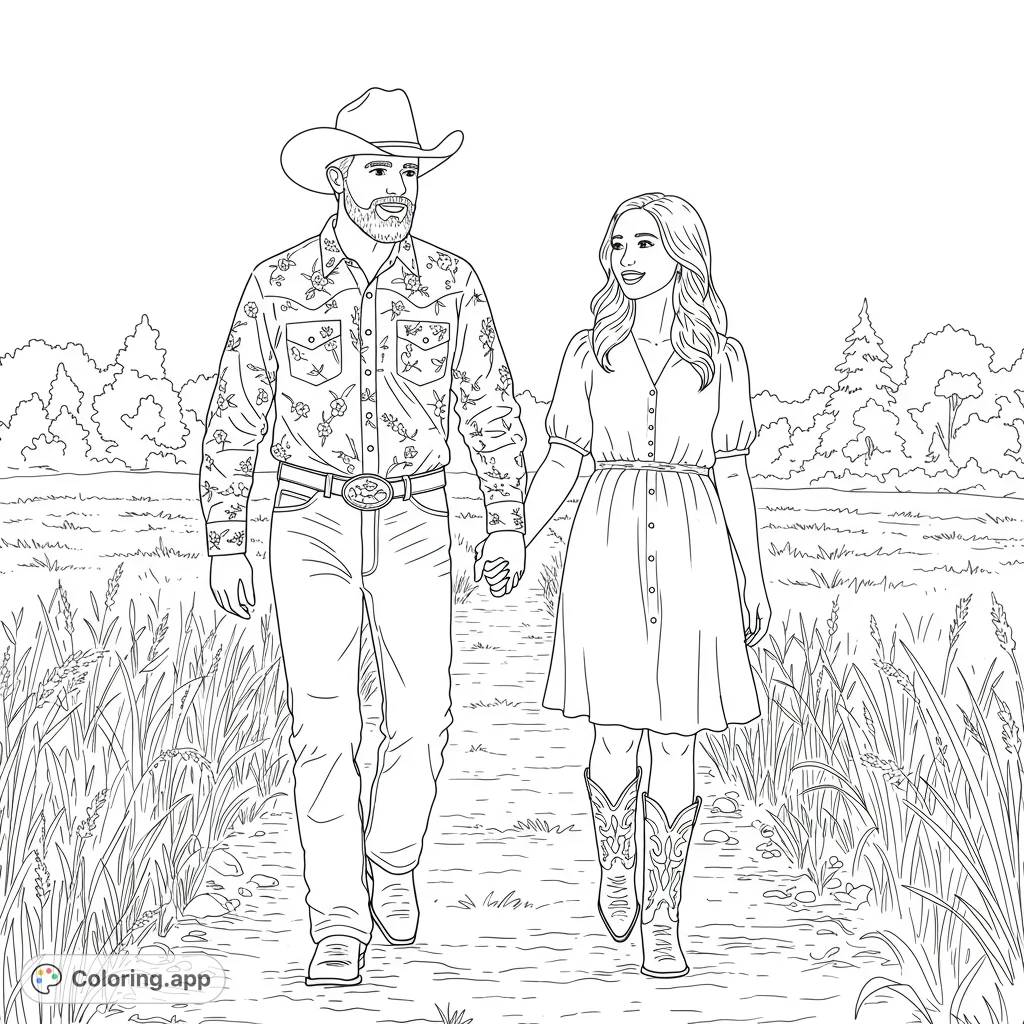 A charming country couple walks hand-in-hand down a path, surrounded by tall grass and trees. A free printable country romance coloring page.