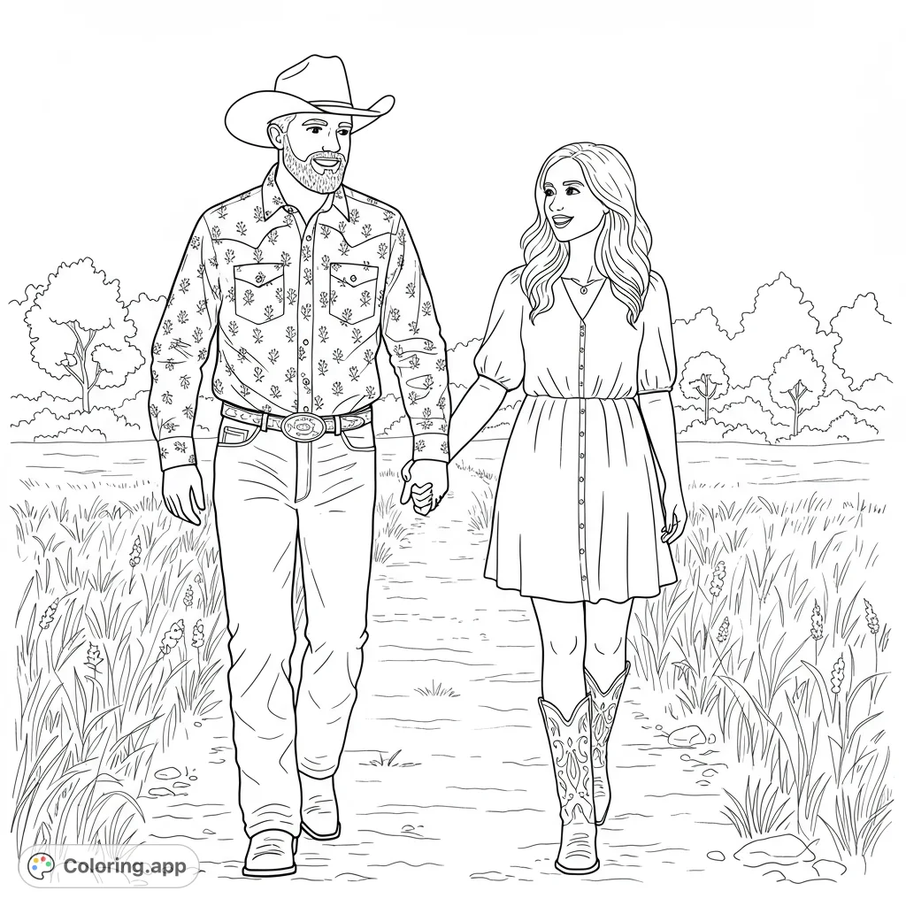 A charming country couple, a cowboy and a woman in boots, stroll hand-in-hand through a grassy field. Perfect for a romantic coloring page experience.