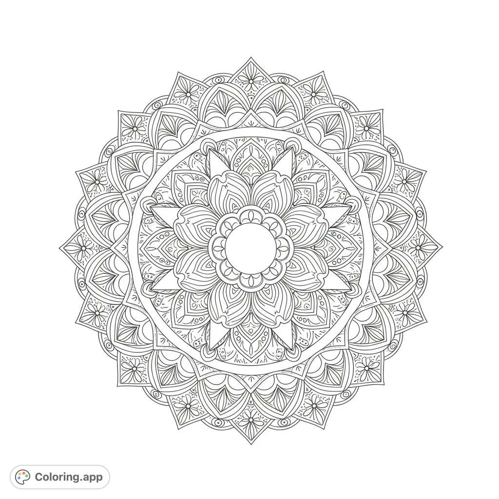 Discover an intricate mandala coloring page, a free printable design with detailed floral and geometric patterns for mindful coloring and relaxation.