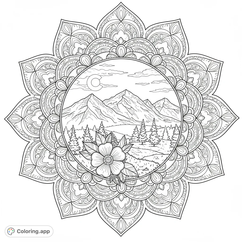 A serene mountain landscape framed by an intricate mandala, perfect for mindful coloring and nature lovers. Free printable mountain mandala coloring page.