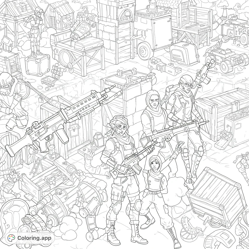 An action-packed tactical team in a detailed post-apocalyptic scavenger outpost. Perfect for fans of futuristic adventure and intricate designs.