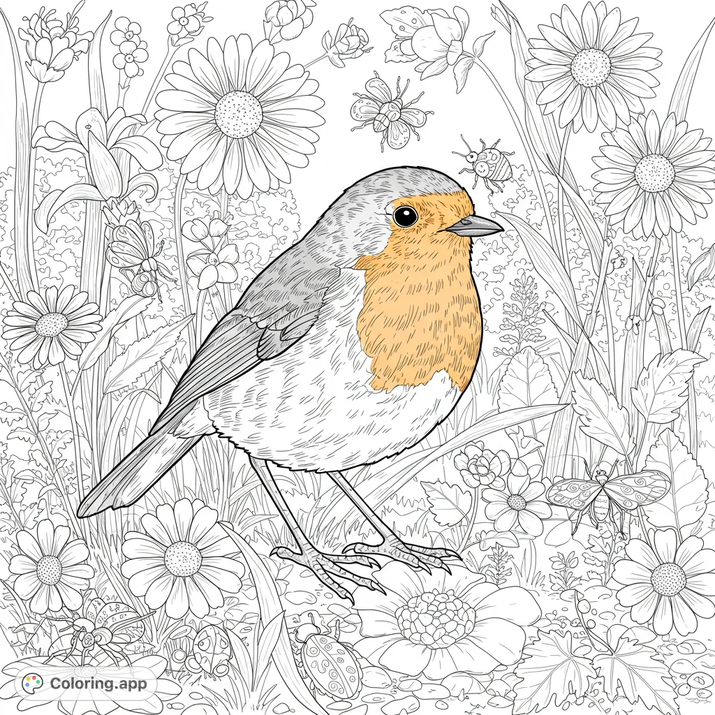 A charming robin stands amidst a lush garden filled with daisies, various flowers, and tiny insects, perfect for a nature-themed coloring page.