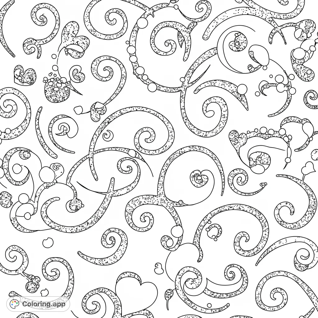 An intricate swirling pattern coloring page with elegant lines, dotted textures, and delicate heart shapes, perfect for detailed coloring.