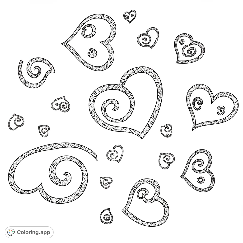 A delightful free printable heart coloring page featuring whimsical swirl patterns and dotted outlines, perfect for love-themed creativity. Ideal for kids and adults.