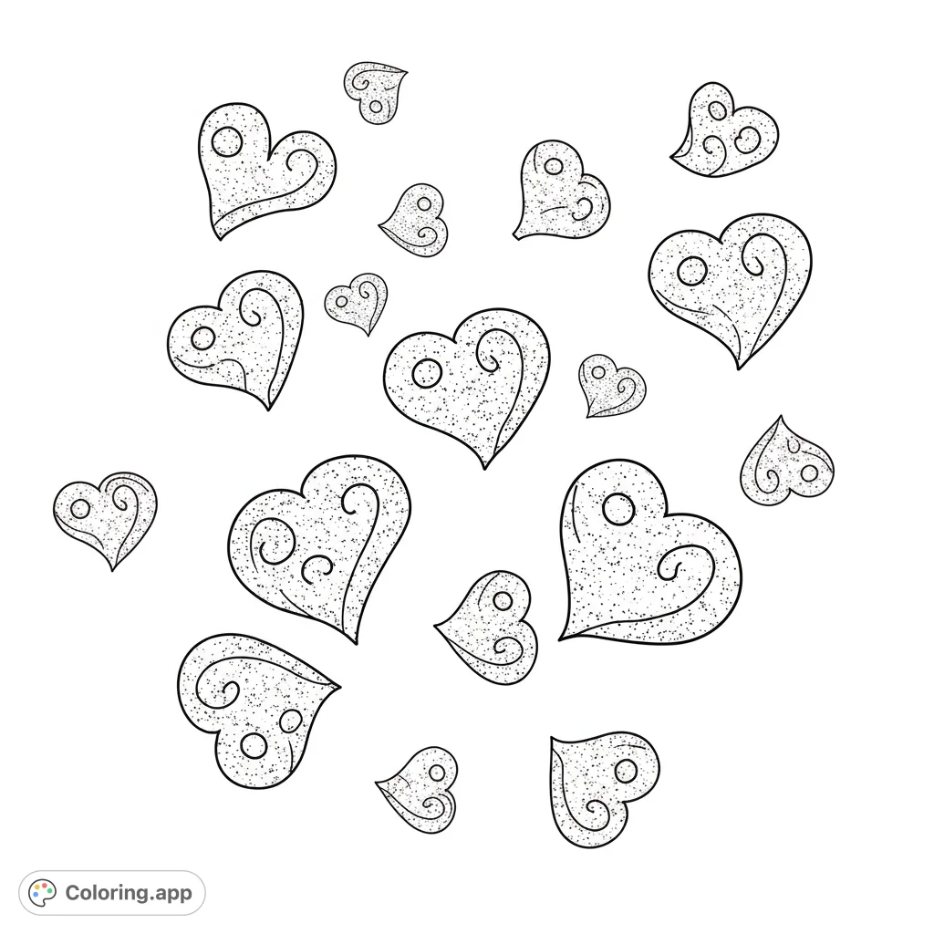 A delightful free printable hearts coloring page featuring whimsical swirling patterns and scattered decorative hearts, perfect for all ages to enjoy.