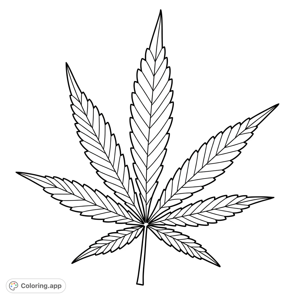 A detailed cannabis leaf coloring page with distinct veins and serrated edges, perfect for relaxation and creative expression. Free printable coloring page.