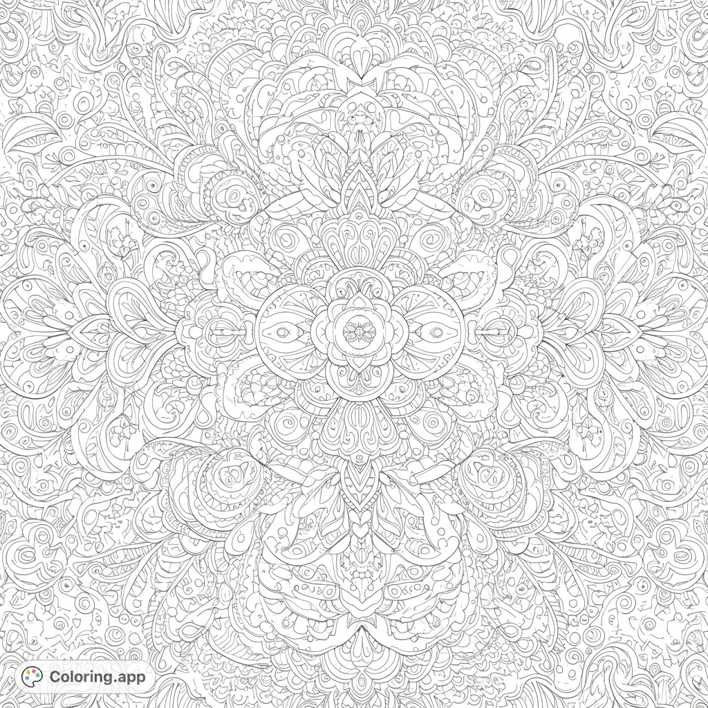 Dive into an intricate abstract pattern coloring page, a free printable design for adults and teens. Explore complex symmetrical details and swirling motifs.