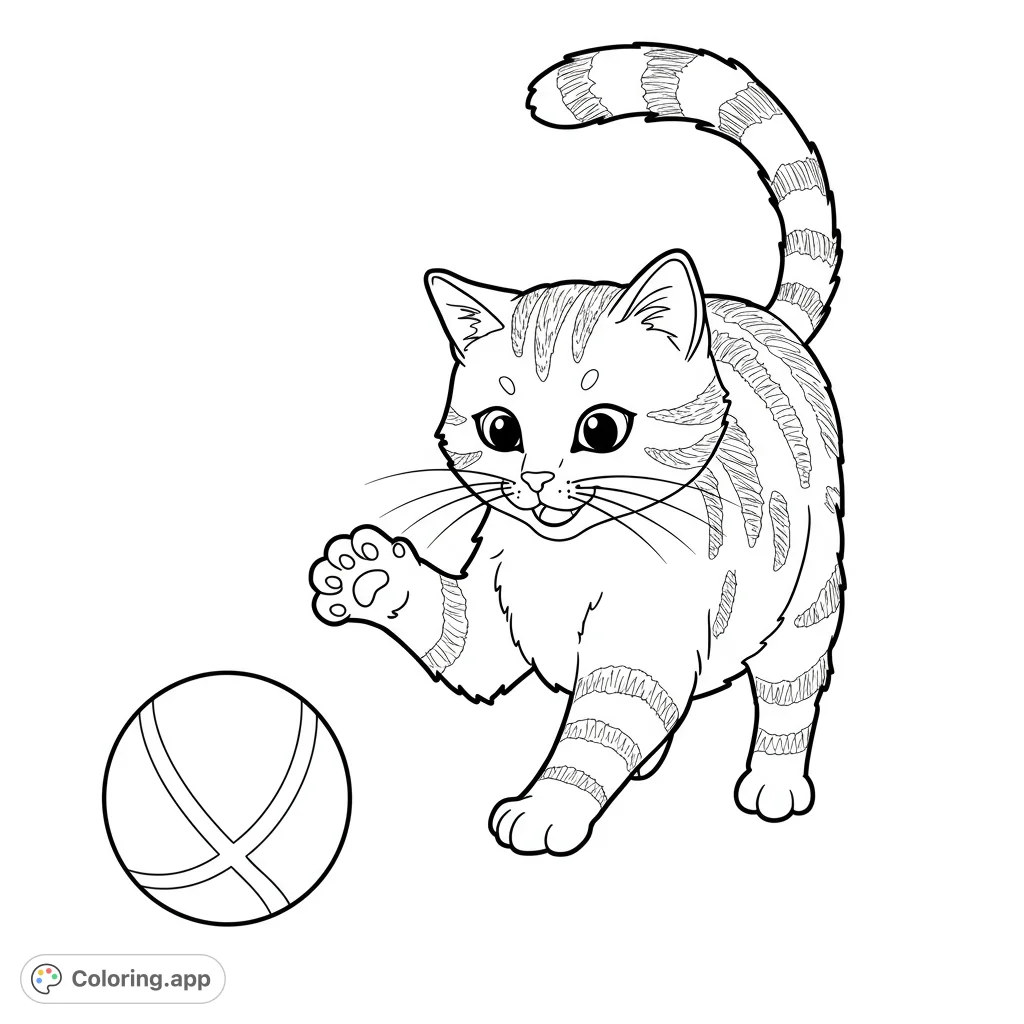 An adorable kitten with striped fur playfully reaching for a ball. A charming free printable cat coloring page for kids and adults.