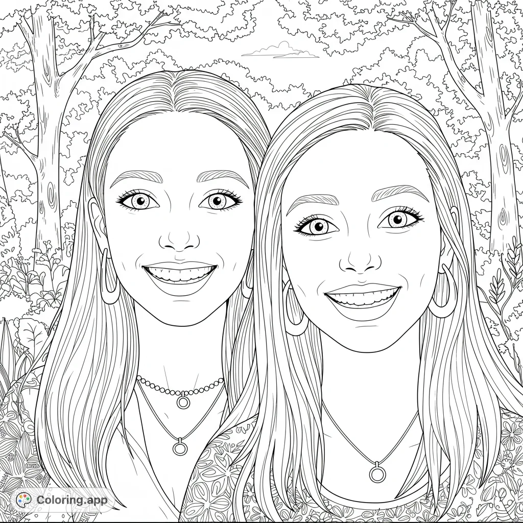 Two smiling women with long hair and patterned clothes in a lush forest setting, perfect for a friendship coloring page.