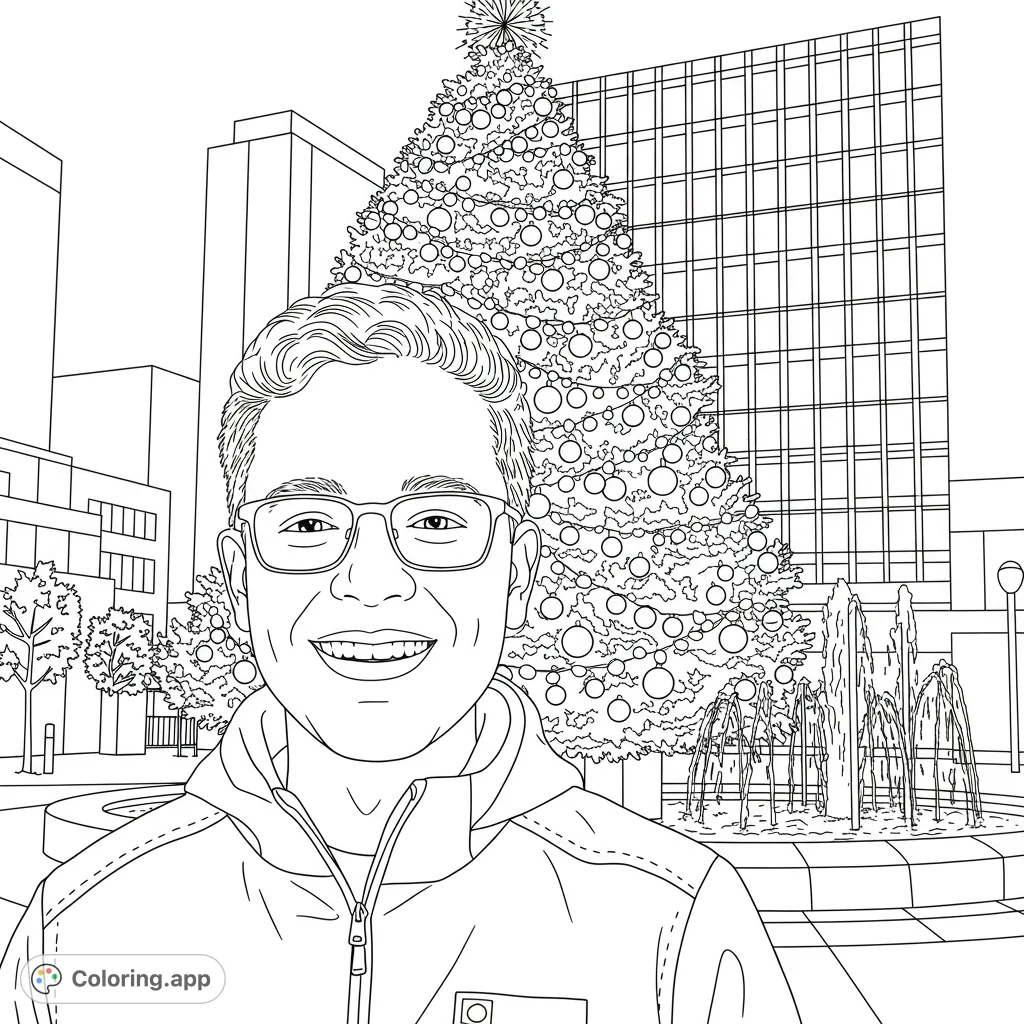 A cheerful person in glasses smiles before a grand Christmas tree and city fountain. A festive holiday coloring page for all ages.