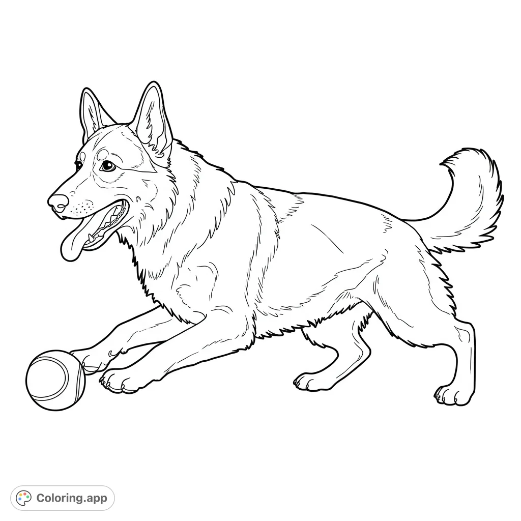 A lively German Shepherd dog chases a tennis ball in this dynamic coloring page. Perfect for dog lovers, featuring crisp lines and clear areas for vibrant colors.