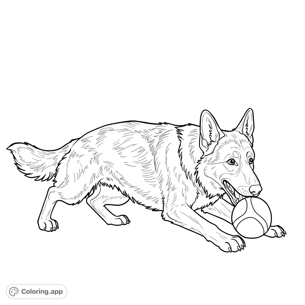 A playful German Shepherd dog pouncing with a ball, ready for fun. This free printable dog coloring page is perfect for animal lovers of all ages.
