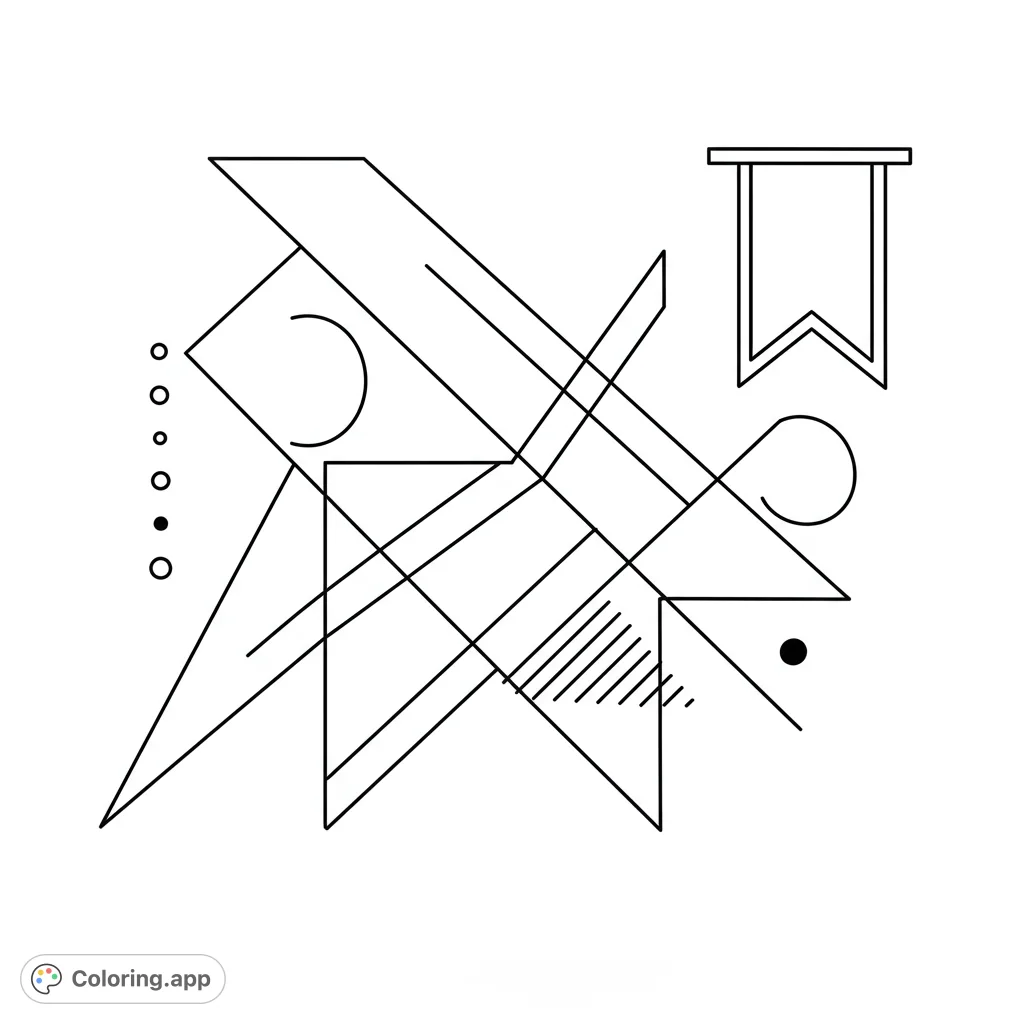 Explore a dynamic abstract geometric coloring page featuring intersecting lines, bold shapes, and unique elements for a modern artistic experience.