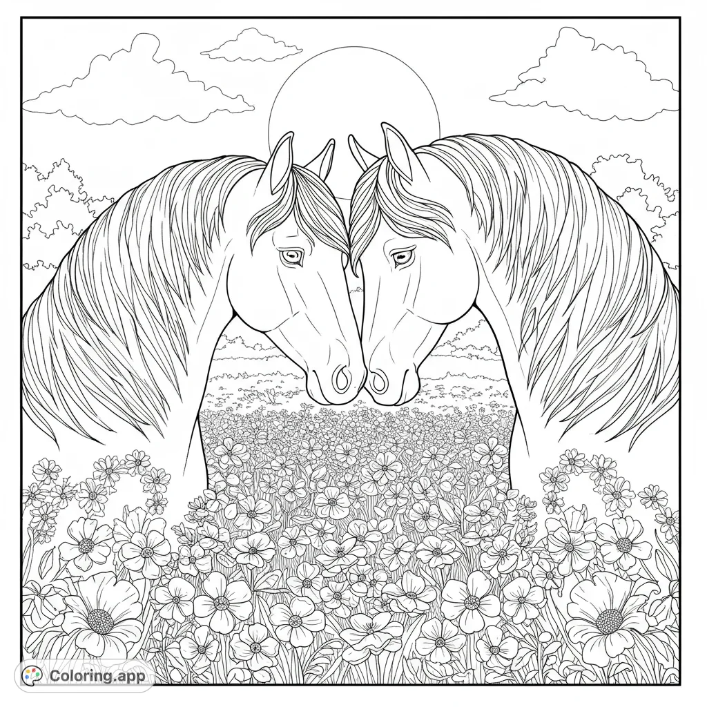 Two majestic horses gently touch noses in a vibrant field of wildflowers under a serene sun. A beautiful nature-themed coloring page.