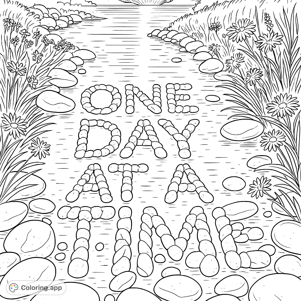 Find peace with this serene river scene featuring 'ONE DAY AT A TIME' in pebble letters. A calming nature coloring page for mindfulness.
