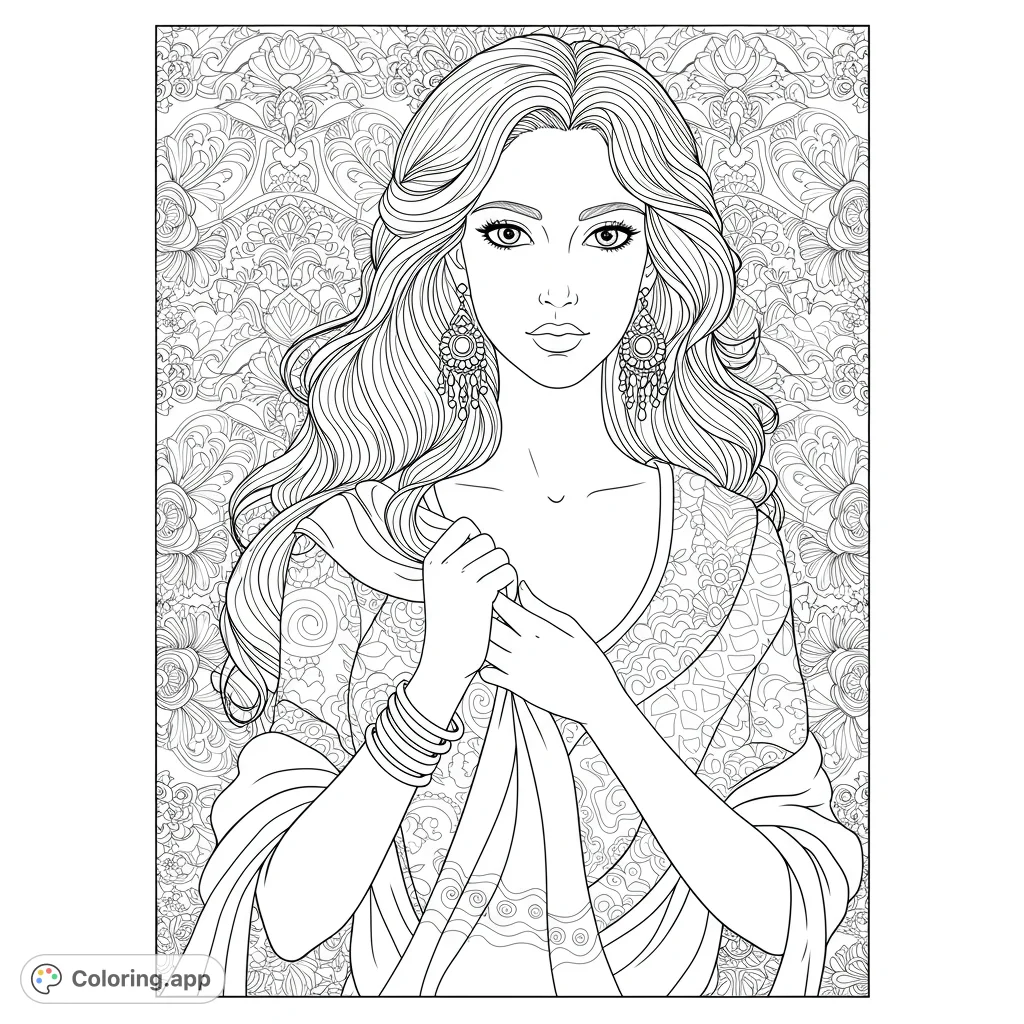 An elegant woman with flowing hair and intricate patterns on her attire and background, perfect for detailed coloring and relaxation.