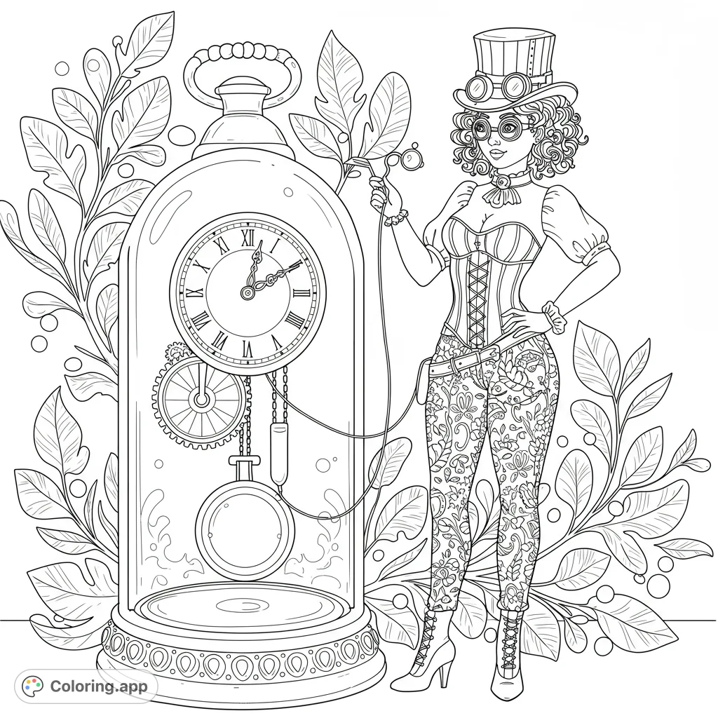 Intricate steampunk woman with top hat and goggles beside a grand clock under a glass dome, surrounded by detailed foliage. A free printable coloring page.