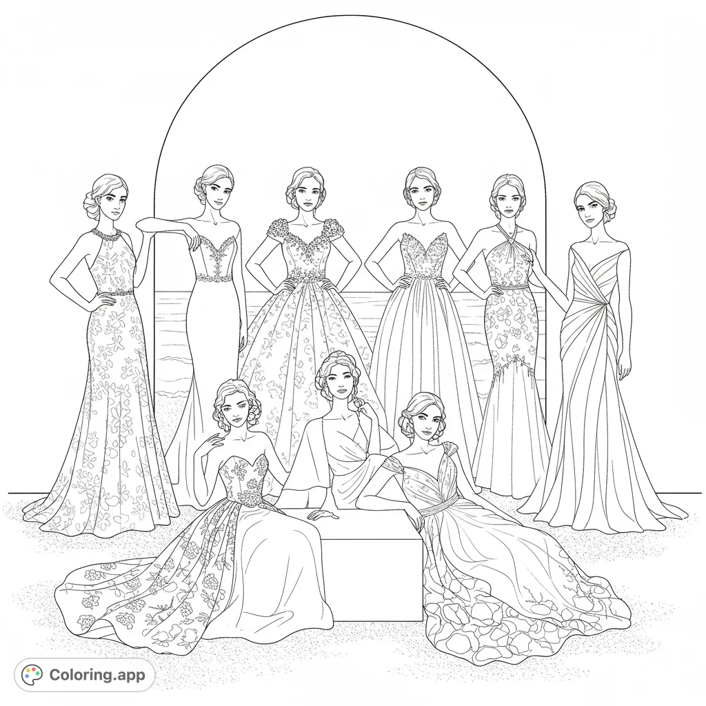 Eight women model exquisite, intricately detailed gowns, perfect for fashion enthusiasts to color. A free printable elegant fashion coloring page.